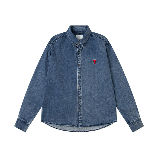 Ami Heart Logo Embroidered Denim Shirt 852
