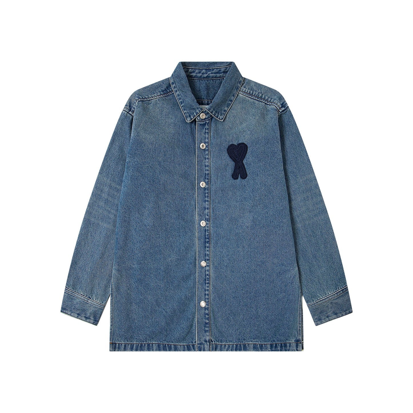 Ami Classic Heart Embroidered Long-Length Denim Shirt 848