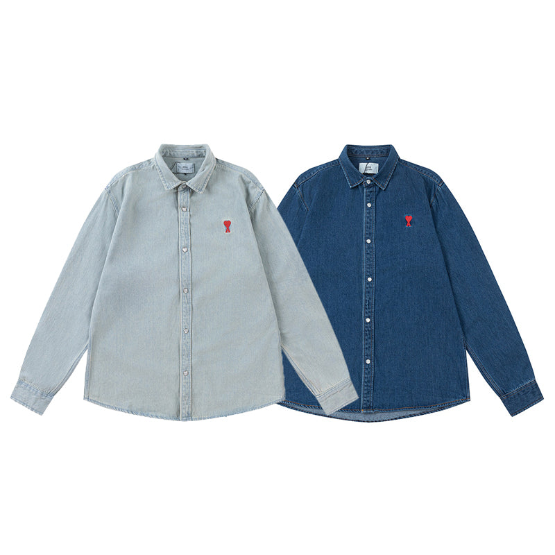 Ami Heart Logo Embroidered Denim Shirt 816