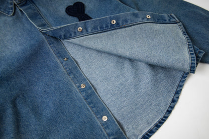 Ami Classic Heart Embroidered Cropped Denim Shirt 847